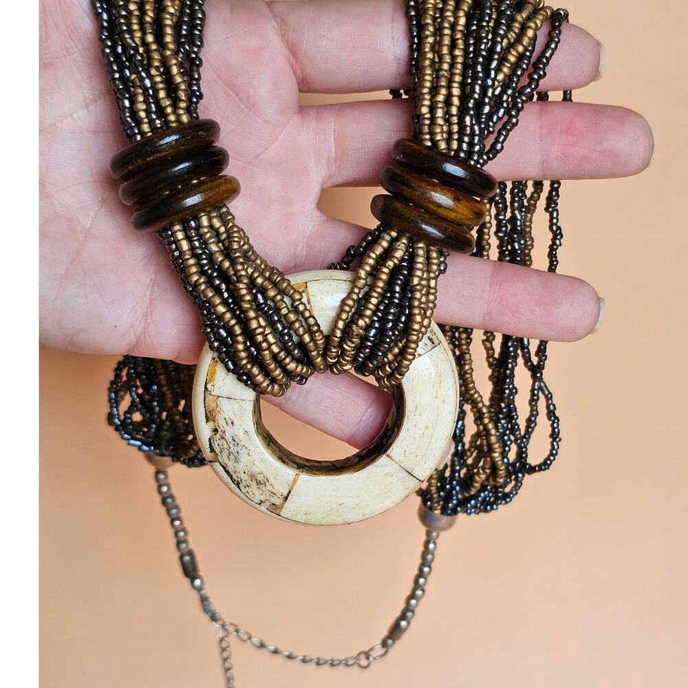 Vintage 80s Maximalist Multi Strand Brown Black Beaded Statement Necklace